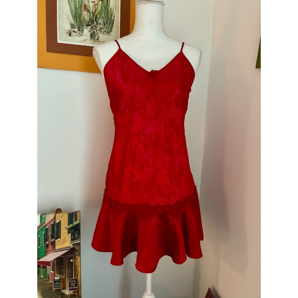 Vintage 1990s Adonna Red Satin Jacquard Slip Nightgown Lingerie Small Made USA